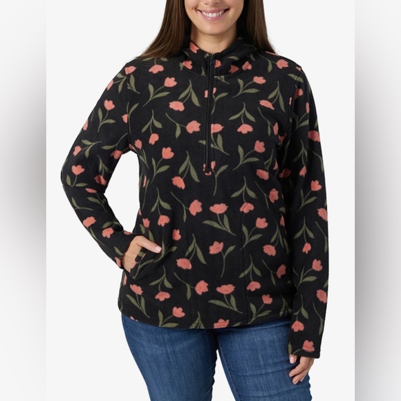 O’NEILL Josie Half-zip Hoodie Women’s M Black Cozy Fleece Floral Print Pockets - Picture 1 of 9